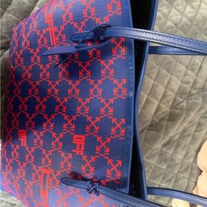 Off-White Blue Neverfull Tote with red designs